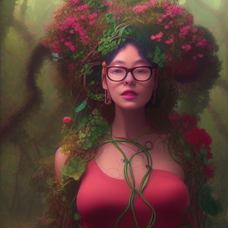 a close-up painting of a woman with glasses and a red top in a forest with flowers and vines on her head and hands, art by style_solarpunk