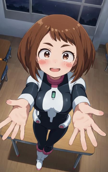 Uraraka Ochako Uraraka Ochako, OchaCos u.a._school_uniform, grey_jacket long_sleeves, white_shirt red_necktie, mos green pleated_skirt, black stocking bodysuit, fingertip paw pad, white high-heels boots, arms wear, black tights, headgear