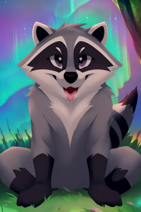 <lora:meeko_v11fr:1.1>, (((Meeko))), ((feral)), (male), solo, fluffy, detailed fur, ((((grey fur)))), ((light gray highlights)), ((black hand paws, four fingers)), (raccoon tail), ((small raccoon body)), mammal, raccoon, ((((looking cute)))), ((((happy expression)))), ((open mouth)), hi res, ultra realism shading, detailed white eyes, (((((mischievous, sexy eyes))))), (((looking at viewer))), ((sitting on ground, ((legs spread)), ((nature, grass, forest, star filled aurora borealis background)),<lora:add_detail:0.7>, <lora:CartoonCraftLora_V1:1>,