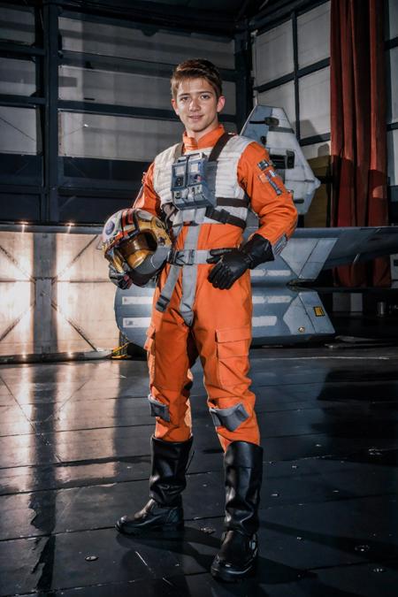 hangar of rebel base, standing in front of X-Wing fighter, (SebastianKross), rebel pilot suit, slight smile, holding helmet, highly detailed, sharp focus, high skin detail, photorealistic, masterpiece, (((full body portrait))), (full body), wide angle, (high face detail), (even lighting), <lora:SebastianKross:0.75>  <lora:RPSV3:0.55>