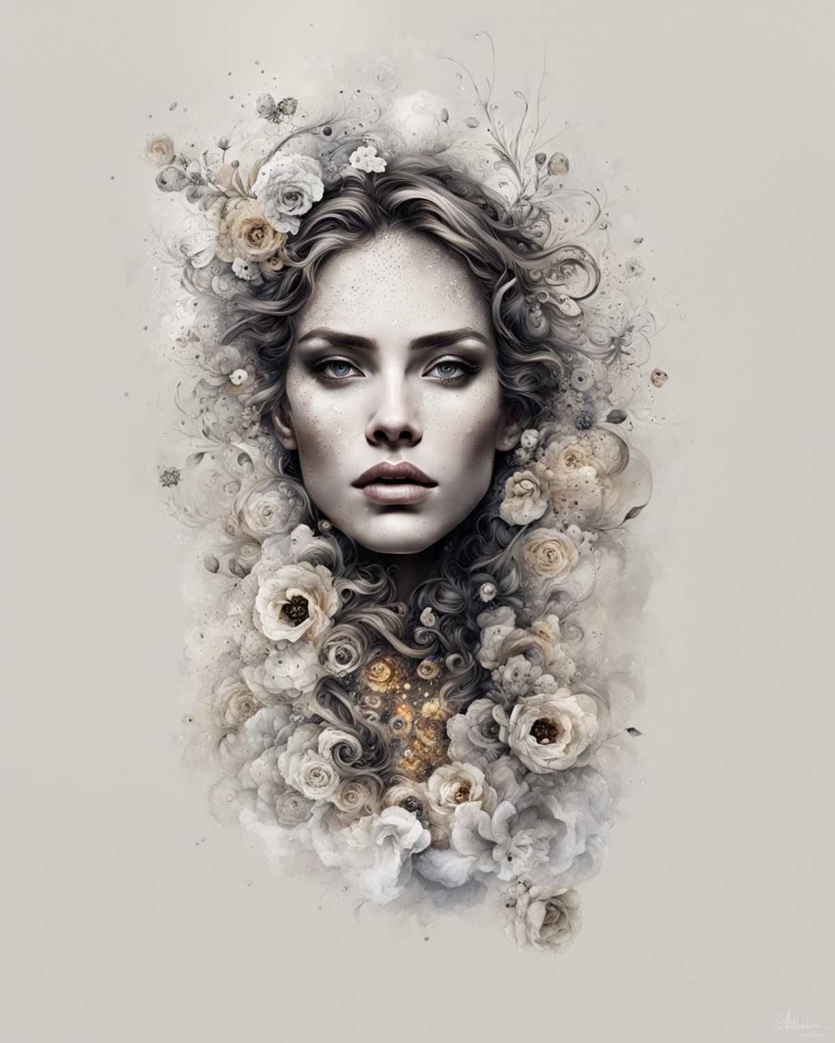 scttlw,

golden, ultra detailed artistic abstract photography of geometrical woman face, Beautiful white rose flower on th...