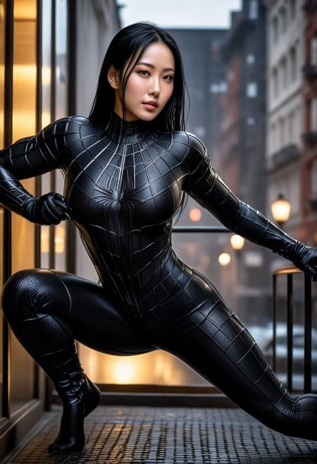 score_9, score_8_up, score_7_up, best quality, realistic, masterpiece, beautiful detail, hyperrealistic, cafe, ((1girl, woman body, huge breasts)), amazing detailed full body portrait of a beautiful japanese girl, wearing a realistic and highly detailed black raimi spider-man suit, ((huge muscular girl)), professional model wears ultra - detailed and grained black raimi spider - man suit, suit covered entire body and hand, black spiderman gloves, wet, ((standing, full body shot, pose variation:1.5, alternate pose:1.5, selfie)), (((depth of field))), sweet smile, black hair, octane render, highly detailed, volumetric, dramatic lighting, (highest quality:1.1), (HDR:1.3), (top quality, best quality), realistic, high definition, Expressionism - sharp focus, professional photography, masterpiece, ultra detailed photograph, high quality, 8k,
