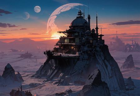 Seen from the sky, a futuristic city stands in the middle of a vast icy expanse. The scene takes place on another planet, as two moons are visible in the sky. The city is perched on a massive rocky spur, its architecture sleek and harmonious, made of glass and steel. A large building with a grand dome overlooks the city, and communication antennas are scattered throughout.
Space traffic is visible, with a massive spaceship above us and another below, docking at the city's elevated astroport. Several platforms extend from the city's rocky foundation. In the distance, two other cities can be seen, also perched on rocky spurs. Mining vehicles move across the icy terrain, traveling between the cities.
The cities are surrounded by an immense frozen desert, with occasional jagged rocks emerging from the ice. The sky is brightly illuminated as the sun sets, casting a stunning blend of deep blues and warm oranges. The atmosphere is nocturnal, with breathtaking hues of twilight and early evening.