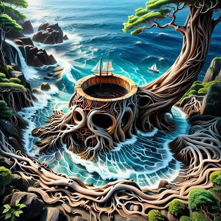 studio Ghibli Dark Fairytale,
A huge giant coffee mug - a portal without a bottom, completely overturned, lies on the shore of a serene sea made of roots. roots flows like Water over the edge of the mug, mixing with the sea waves, and a sailing ship floats out. The sun, summer, mountains, greenery are visible through the mug... View from above, from a bird's eye view. Sketch with colored chalk, contours drawn with gel pens