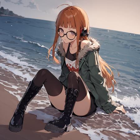 1girl, Sakura Futaba, wandering by ocean, jacket, boots, glasses, masterpiece, latest  <lora:futaba_xl_a3-000012:1>