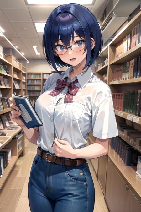 best quality, masterpiece, highres,michirutojo, blush, open mouth, shirt, holding, white shirt, short sleeves, glasses, collared shirt, belt, pants, indoors, book, dress shirt, denim, ?, holding book, pocket, jeans, open book, blue pants, bookshelf, shirt tucked in, breast pocket, library