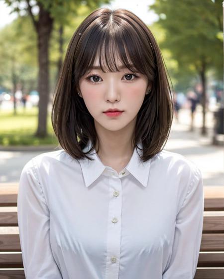 pureerosface_v1, best quality, photorealistic, 8k, high res, full color, 1girl, woman, 20 years old woman, (closed mouth:1.73), (skindentation), (portrait:0.6), trees, park bench, daylight, ((park background:1.52)), full color, ((whitebuttonedshirt:1.58)), looking at viewer:1.8, (1girl eyes looking at viewer:1.55), (medium hair, brownhair, partedbangs:1.45), (bokeh), <lora:AAW-wendy2:0.69>