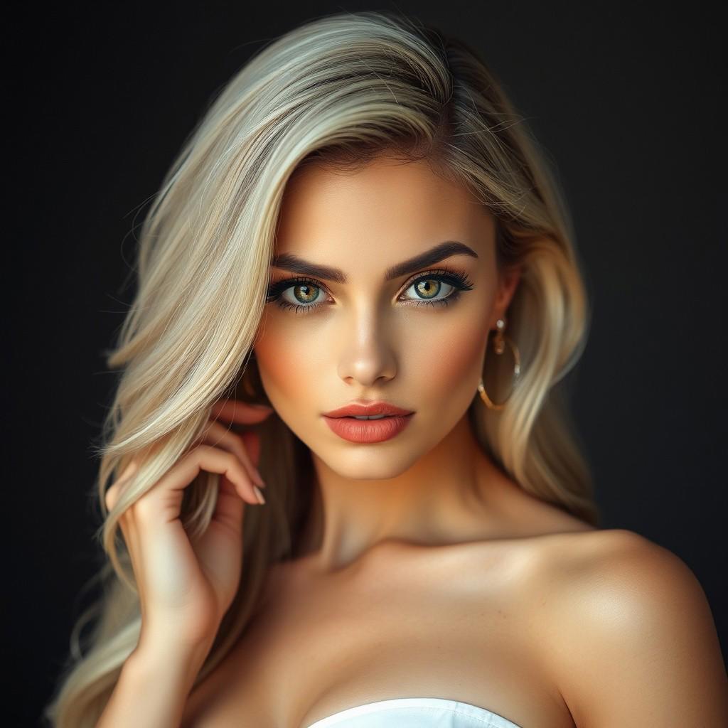 high fashion portrait of a beautiful busty woman with a large focus on the eyes. White chick