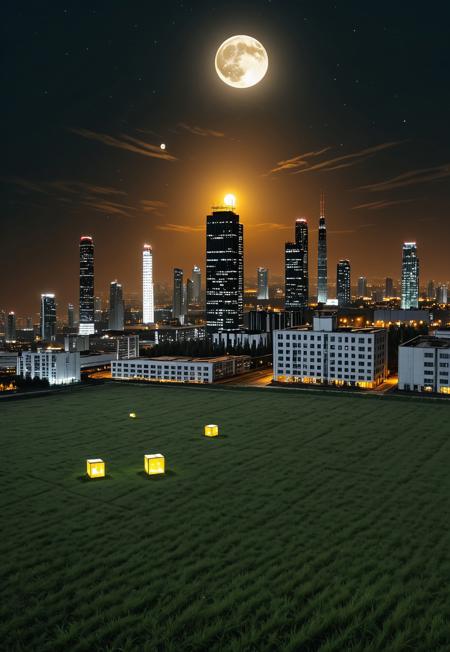 a huge hilly field covered with grass with partially clayey inclusions, green and brown boxes are visible very far away, also behind the hills narrow black skyscrapers with white windows with a yellowish tint are visible, green and brown boxes are visible far away, a dimly lit and dull black building with an orangish glow from sunset, you can see a small white bright advertisement with incomprehensible outlines, black skyscrapers with light yellow windows topped with metal structures standing right in the middle of the field reflect the light of the moon, in the distance you can see small two-story buildings with very small windows and a chimney, a little closer near the skyscrapers you can also see small two-story buildings buildings with very small windows and a chimney, not all skyscrapers are topped with metal structures, the sky on the horizon is from dark red to yellowish which sees off the departing sun, the moon is on the opposite side, the sky is soft blue topped by the moon on the opposite side of the sun, and a few stars, clouds light white very transparent barely visible,