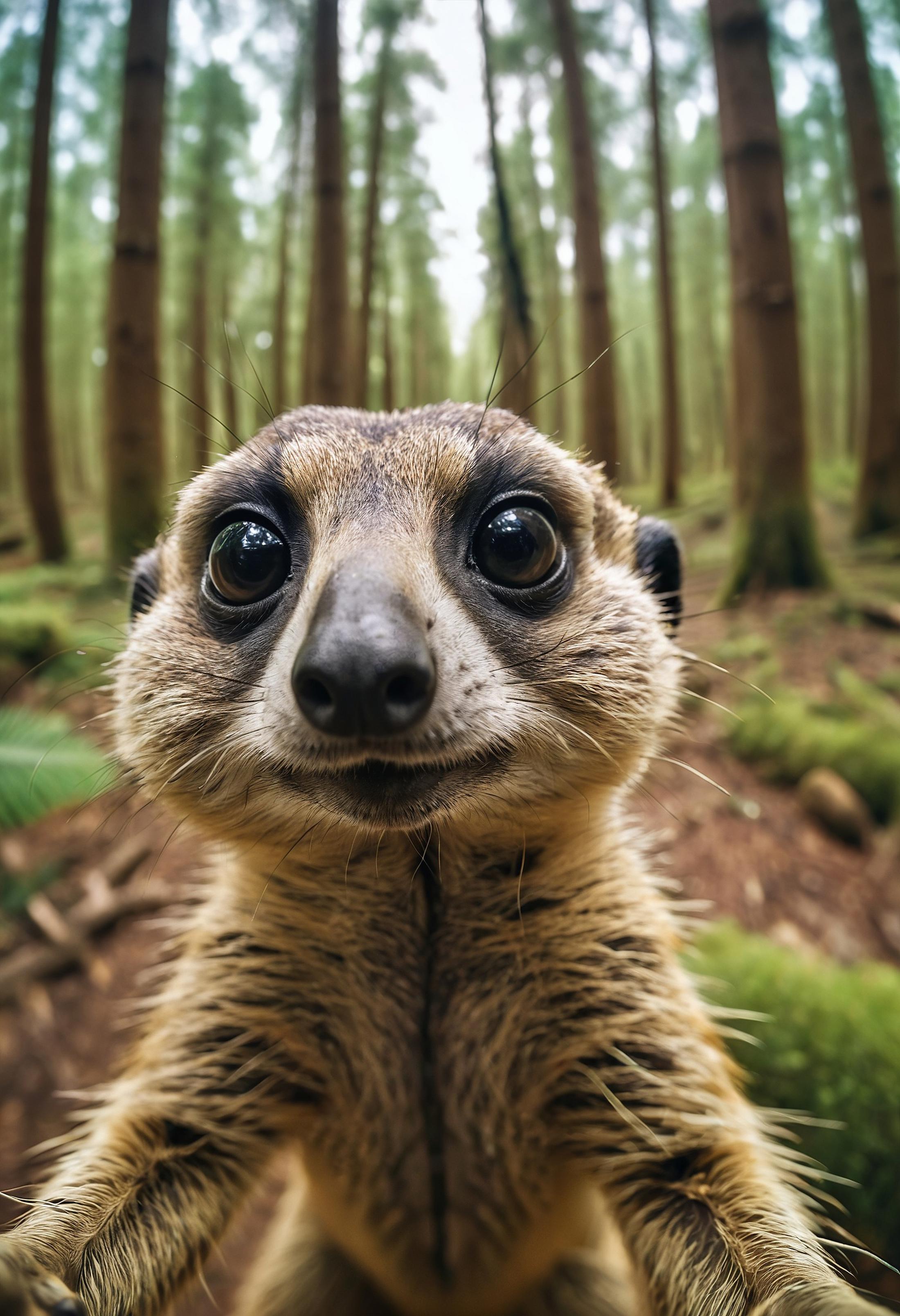 Close-up of a cute little brown and black furry animal with large brown eyes, looking at the camera.