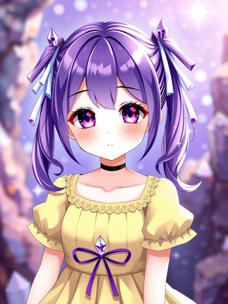 sparkling amethyst crystals, 
1girl, amethyst eyes, amethyst hair, yellow dress, blurry, blurry background, choker,  collarbone, colored eyelashes, dress, sparkling amethyst crystals background, hair ribbon,  pale skin, pleated dress, ribbon, short sleeves, solo, twintails