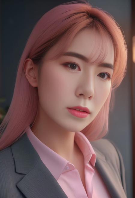 Beautiful woman, soft lighting, ethereal, high detail, portrait, elegant, delicate features, pastel colors, emotional expression, masterpiece, 8k resolution, Extremely high-resolution details, photographic, realism pushed to extreme, fine texture, incredibly lifelike, looking at viewer, solo focus, realistic, photorealistic, 1girl, standing, high_heels, black suit, pink shirt, big breast, upper body, indoors,