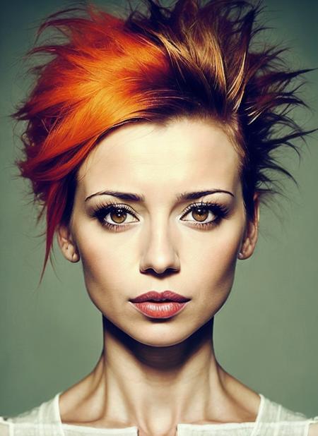 portrait of sks woman by Flora Borsi, style by Flora Borsi, bold, bright colours, orange Mohawk haircut, ((Flora Borsi)), <lora:locon_annaprzybylska_v1_from_v1_64_32:1.3>