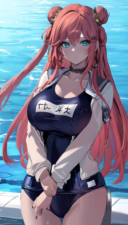 hair rings,red hair,double bun,aqua eyes,very long hair,1girl,
red nails,  (school swimsuit:1.3),poolside, pool,
(((masterpiece))), (((best quality))), ((ultra-detailed)), (best illustration),
(large breasts),
face lighting,cinematic lighting,caustics,
xxxxxxxxxxxw <lora:Christina Hope2 (7):0.8>