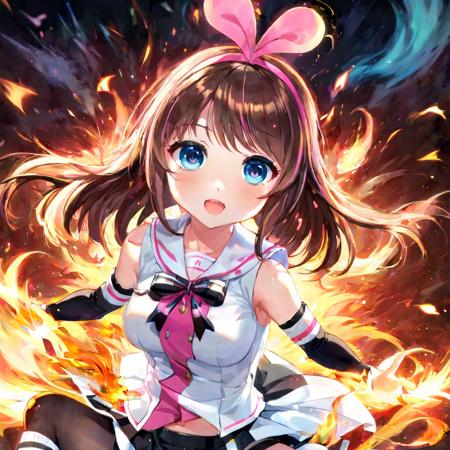 (Masterpiece, high quality, best quality, official art, beauty and aesthetics:1.2),<lora:Kizuna AI:0.9>,Kizuna AI,1girl,solo,long hair,brown hair,shirt,<lora:xl-shanbailing-1003fire-000010:1>,(fire element:1.1),composed of fire elements,a girl wrapped in flames soaring flames radiating sparks,Kizuna AI,1girl,solo,long hair,breasts,looking at viewer,blush,smile,open mouth,bangs,blue eyes,brown hair,shirt,medium breasts,sitting,collarbone,white shirt,pink hair,multicolored hair,hairband,detached sleeves,sleeveless,sailor collar,nail polish,white thighhighs,streaked hair,short shorts,pink nails,white sailor collar,white shorts,pink hairband,pink flame,