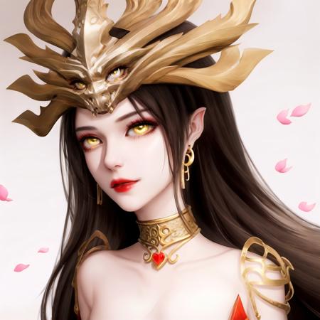 1girl, brown hair, c-medusa, circle, collar, earrings, falling petals, hair ornament, jewelry, long hair, looking at viewer, petals, portrait, shiny, solo, teeth, yellow eyes