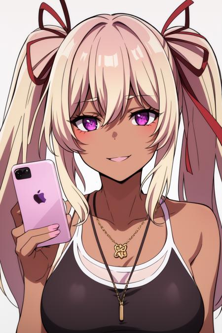 <lora:DakiniV1:0.78>
dakini
((best quality)), ((masterpiece)), (detailed) 1girl
1girl, bangs, blush, cellphone, collarbone, dark-skinned_female, dark_skin, eyebrows_visible_through_hair, hair_between_eyes, hair_ribbon, heart, heart_necklace, holding, holding_phone, jewelry, long_hair, looking_at_viewer, necklace, phone, purple_eyes, ribbon, selfie, smartphone, smile, solo, twintails