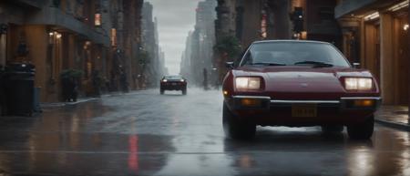 cinematic film still of a toyota carolla driving down a NYC street on a rainy night, filmic, vignette, highly detailed, high budget Hollywood movie, bokeh, cinemascope, moody, epic, gorgeous, film grain, grainy