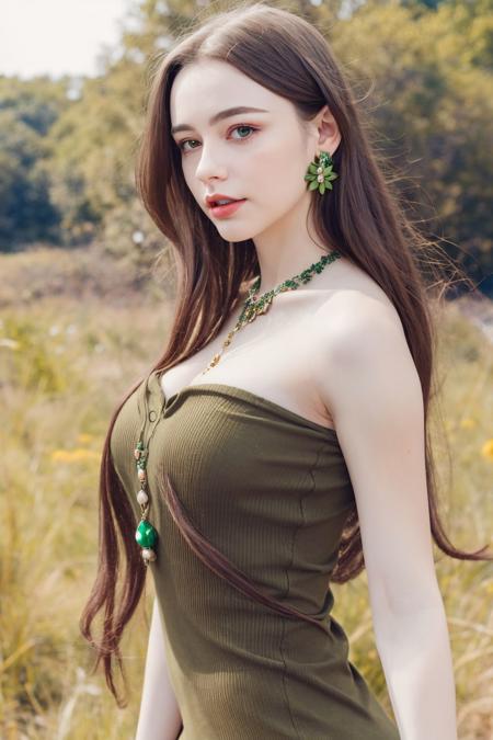 1girl, long hair, jewelry,  brown hair,green dress, ring, earrings, necklace, flower, looking at viewer, breasts, , parted lips, blurry background, bare shoulders,   <lora:Dasha Taran4:0.68>