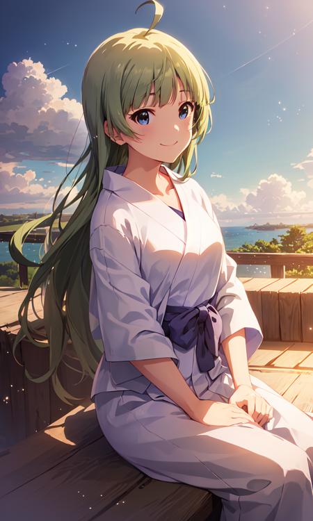 elena shimabara (million live), long hair, (best quality, 8K, masterpiece, ultra detailed:1.2), (cinematic angle:1.1),
light particles, wide shot, full body, standing, day, dappled sunlight, beautiful clouds,
1girl, solo, smile, yukata