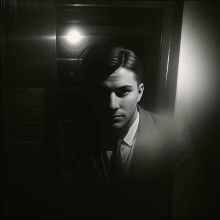 Deep photo, depth of field, ferrania p30 film, shadows, portrait of handsome man, sitting in a coffee shop, nighttime, dimly lit, dark, b&w, nighttime, dark photo, grainy, dimly lit, b&w, instagram model, ((dynamic pose)), bokeh, beautiful eyes, symmetrical face, lens flare, lens glare  <lora:k0d4chrom3:1>