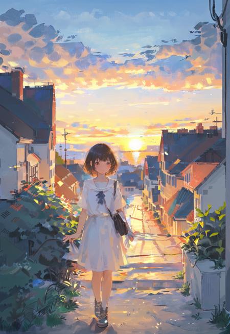 1 girlï¼full bodyï¼, solo, outdoors, sky,  clouds, short hair, brown eyes, buildings, short sleeves, poles, upper body, , wires, trees, , landscape, bangs, sunset, scenery,  (illustration:1.0), masterpiece, best quality,  <lora:Speedpainta:0.76>