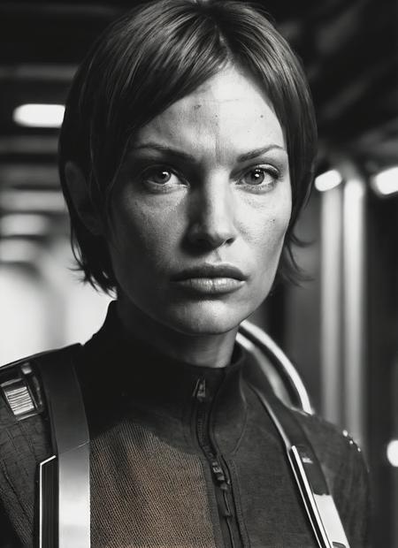 close up photo of sks woman, rugged space trucker, inside industrial spaceship, futuristic science fiction, action scene, digital concept art, realistic, intricate detailed textures, filmic, cinematic, environmental character portrait, <lora:locon_jolene_v1_from_v1_64_32:1.25>