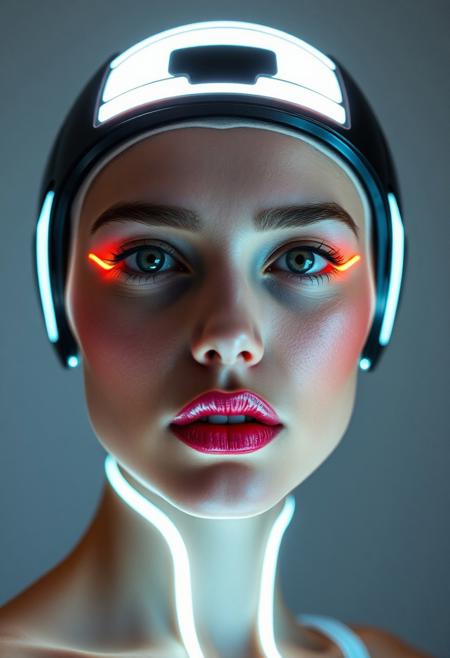 futuristic LED-infused headwear as makeup alternative, glowing LED accents contouring face, (LED highlights:1.3) enhancing cheekbones, neon glow accentuating jawline, soft LED light framing attractive features, (flawless skin:1.4), LED strips subtly shaping face, high-tech beauty solution, cyberpunk elegance, LED-lit brow line, glowing under-eye accents, (sharp focus), ultra-realistic skin textures, high-definition, light-reflecting LED glow on lips, glowing seams enhancing facial symmetry, (dynamic lighting), sleek, form-fitting LED design, techwear-inspired beauty, soft LED glows replacing traditional makeup, smooth and radiant skin, futuristic elegance, LED rings emphasizing eyes, balanced lighting for facial features, high-resolution, glowing lips, minimal flaws, radiant LED accents in place of blush, sleek light designs creating a perfect glow, precise light diffusion, ultra-modern LED beauty