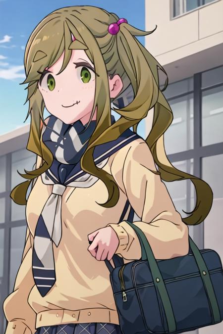 best quality, masterpiece, highres, solo, {inuyama_aoi_yurucamp:1.15}, thick_eyebrows, long_hair, fang, skin_fang, brown_hair, green_eyes, smile, closed_mouth, side_ponytail, hair_ornament, hair_bobbles, 1girl, scarf, fang_out, school_uniform, upper_body, swept_bangs