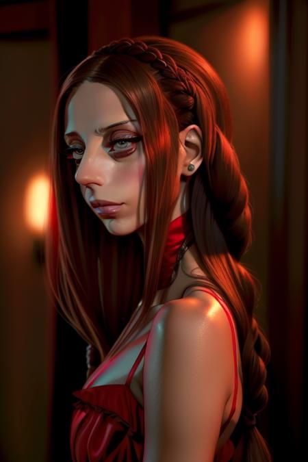 lora_sarafyan_girl,  <lora:lora_sarafyan_girl_01:1> , a woman with a red dress, cynical face, long chin, long braided hair,  dark eye shadow,  slight smirk