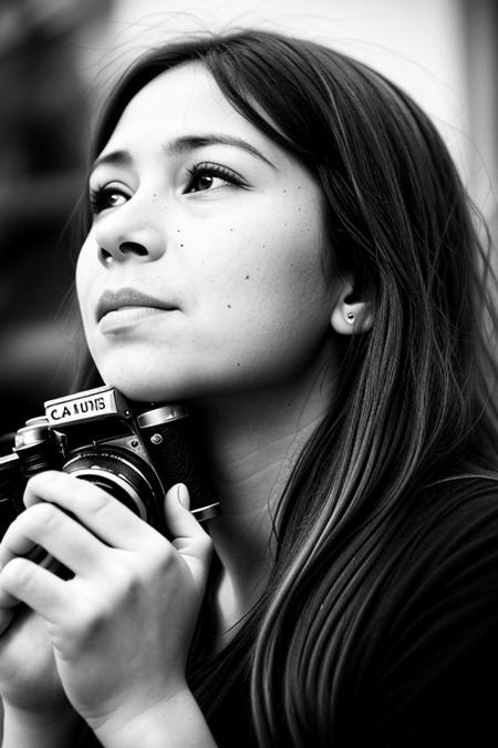 The image portrays a young woman with long, dark hair holding a vintage camera close to her face, partially obscuring one of her eyes. She gazes directly into the lens with an intense, thoughtful expression. The photograph has a distinct cinematic and nostalgic aesthetic, with soft lighting, a grainy texture, and subtle color grading that gives it a vintage, film-like quality.
Subject and Composition
The subject's face is positioned slightly off-center, drawing immediate attention to her sharp and expressive features. Her dark, well-defined eyebrows frame her deep-set eyes, which are slightly shadowed, adding to the introspective mood of the image. Her lips, which are slightly parted and tinted a natural red, contrast subtly with her smooth, pale skin. Strands of hair fall loosely across her face, reinforcing the unposed, organic nature of the portrait.
The camera she holds is an older model, silver and black with a rounded lens, possibly a vintage point-and-shoot film camera. Its reflective surface catches some light, making it a noticeable focal point. Her fingers gently rest on the camera's body, showcasing her relaxed grip, suggesting familiarity and comfort with the device. The camera partially obscures her left eye, creating an artistic and symbolic interplay between the act of capturing an image and being observed.