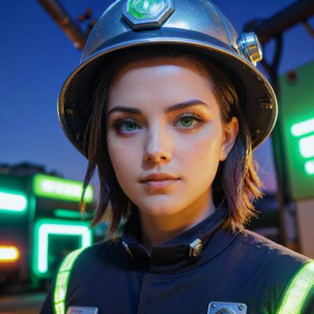 (stylized by theCHAMBA:1.2) and (KÅji Morimoto:1.3) , anime key visual, majestic, selfie shot angle of a Technopunk Moody short Roman (Female Firefighter:1.3) , the Firefighter has pleasant hair, Chic field in background, warm indoors with Catalpa, at Blue hour, Sharp and in focus, Magic Realism, Lonely, Seapunk Art, Neon Light, 50mm, Instax, halation, raytraced reflections, detailed face, Green detailed eyes, extremely hyper aesthetic, most beautiful artwork in the world