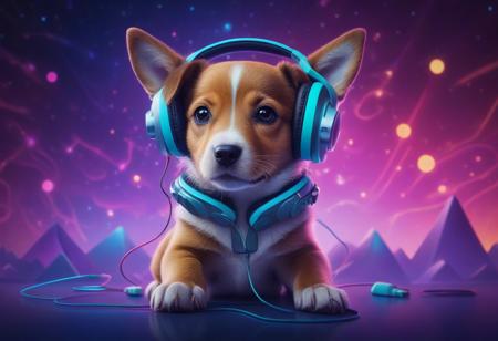 This image shows a charming puppy surrounded by vibrant patterns, listening to music on futuristic headphones in a rich, gradient background with starlight effects, in a highly detailed, matte painting style reminiscent of fantasy and sci-fi concept art.