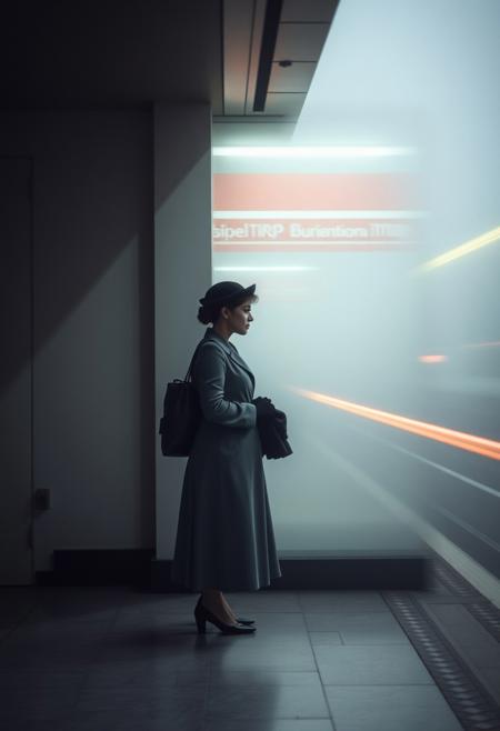 A long exposure photograph with a soft dreamy atmosphere and soft pastel colors, depicting a lady waiting. Surrealism, Soviet-era motifs, muted color palette, hyperrealistic details, dreamlike distortions, enigmatic figures, haunting atmosphere, historical reinterpretation, minimalist settings, stark contrasts, eerie symbolism, subtle social critique, and alternate realities are present. The image captures motion or light trails, gentle and soothing, hazy, soft light.