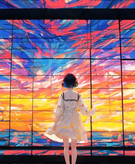 1girl, multicolored hair, blunt bangs, short hair, masterpiece, abstract stained glass background, sunset  <lora:stained-glass-v1-000002:0.5>, glass shards, abstract