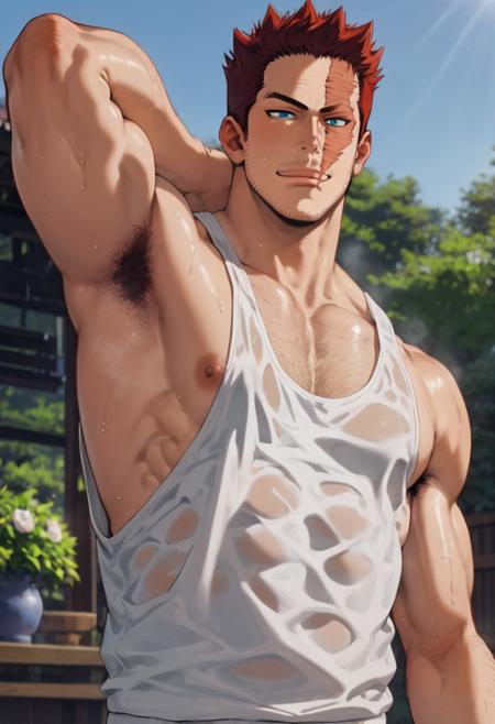 1man, solo, Endeavor, male focus, mature man, muscular male, spiked red hair, blue eyes, face scar, stubble, white tank top, very sweaty, sweat stains, armpit hair, very hairy chest, smelling armpit, mischievous smile, japanese style garden, sunny summer day, sun score_9,score_8_up,score_7_up,source_anime,