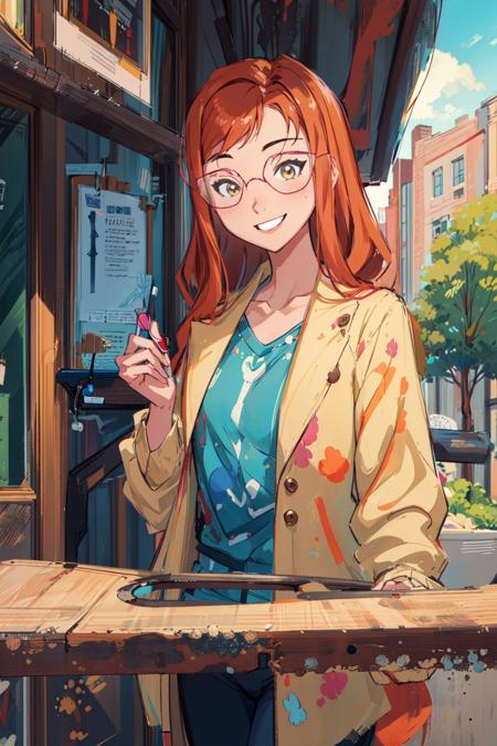 (masterpiece:1.4), (best quality:1.4), (high details:1.4), (high resolution:1.4), (detailed:1), 1girl, solo, Honey Lemon, glasses, outdoors, smile, <lora:HoneyLemon_v2:1>