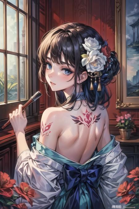 (masterpiece, top quality, best quality, official art, beautiful and aesthetic:1.2),1girl, tattoo, solo, japanese clothes,  hair ornament, unsheathing, black hair, sheath, back tattoo, blue eyes,  off shoulder, bare shoulders, looking back, from behind, flower, looking at viewer,  holding, makeup,
indoor,