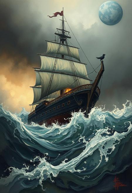 A ship caught in a tempest, painted in rich oil textures, but with soft, ethereal lighting and a warm glow subtly infusing the stormy scene., whimsical surrealism, intricate linework, soft muted colors, delicate storytelling, dreamlike compositions, fine illustrative details, gothic elegance, subtle textures, ethereal lighting, imaginative characters