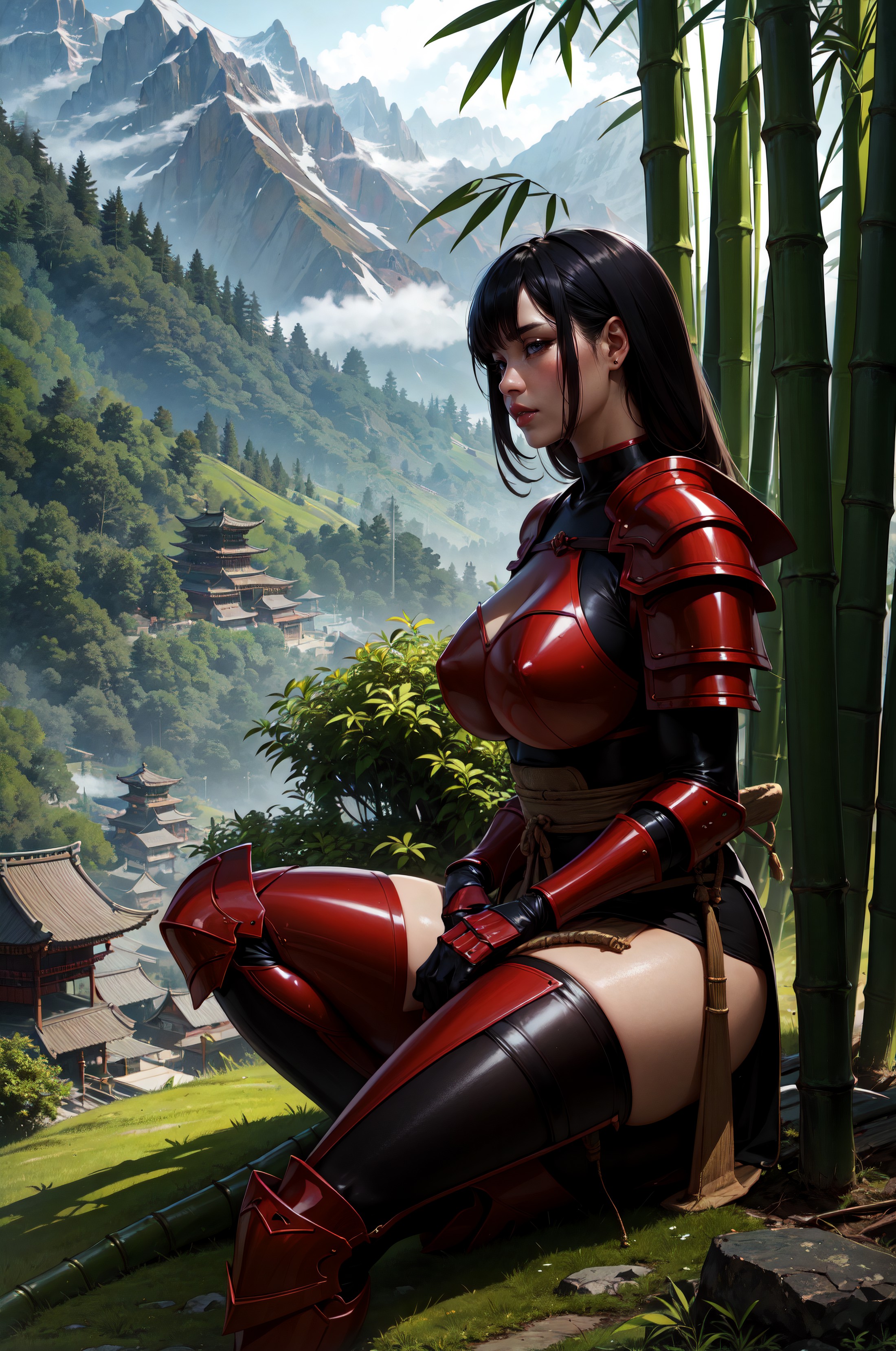 1girl, fullbody, sitting, slim, (bamboo trees), kabuto, red samurai armor, misty air, strong sunlight, mossy path, mountai...