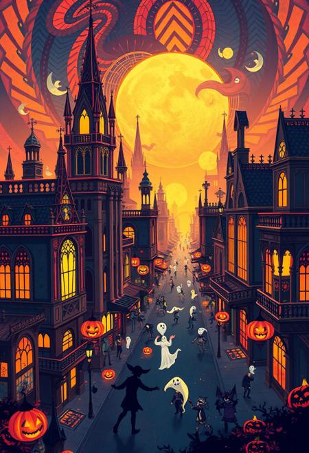 A hyper-stylized anime Halloween Town, blending the opulent, geometric patterns of Art Deco with the bold, vibrant colors of Pop art. The town, a sprawling, fantastical metropolis with towering, gothic spires and ornate, Art Deco-inspired architecture, is bathed in a warm, golden light. The buildings and streets are adorned with intricate, geometric patterns and bold, poppy colors, creating a sense of vibrant, eye-popping energy. Ghosts, goblins, and other Halloween creatures dance and play in the streets, their forms rendered in bold, graphic lines and bright, poppy colors. The background is a swirling, geometric landscape of chevrons, zigzags, and other Art Deco motifs, all rendered in bold, poppy colors. The overall effect is one of vibrant, eye-popping energy, as if the viewer is gazing into a kaleidoscope of colors and patterns. highest-Quality, intricate details, visually stunning, Masterpiece