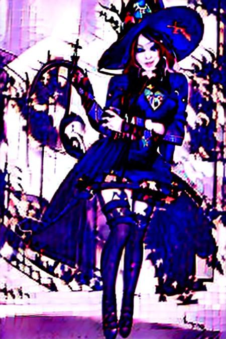 solo girl, Rat ears, rat tail, flat chest, short, posing, multi-colored hair, happy to see you, striped thigh-high socks, high heels, gothic dress, looking at the viewer, witch hat, gothic world,