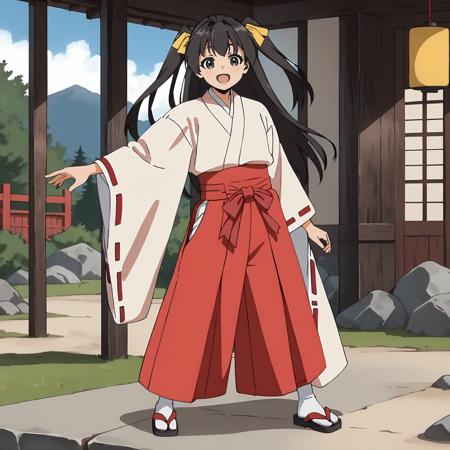 Hikaru,1girl,black brown hair,two -side up,hair ribbon,long hair,black eyes, miko,japanese clothes,ribbon-trimmed sleeves, red hakama,