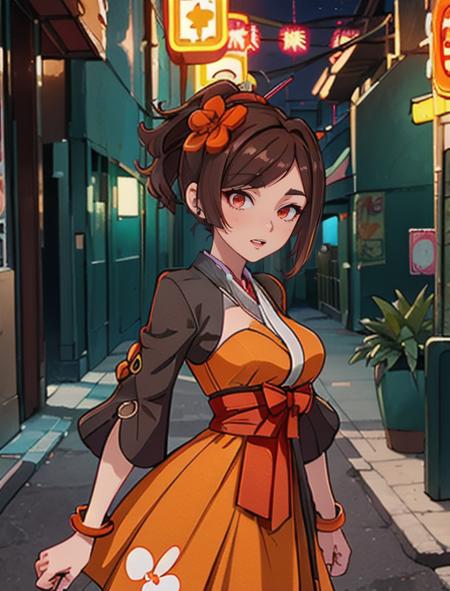 best quality, masterpiece, highres, detailed, digital artwork, <lora:Tools - add_detail:0.2>, ChioriGenshin, red eyes, brown hair, ponytail, short hair, drill hair, orange dress, traditional clothes, head flower, medium breasts, <lora:Character - ChioriGenshin:0.9>, excited, casino, money, neon lights, city, night, shady, alley,