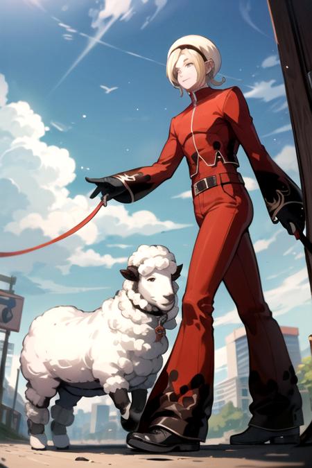 <lora:AshCrimson-09:0.7> ,ashkof, blonde hair, gloves, 1boy, male focus, hairband, pants, androgynous, freckles, walking, leash, red pants, sheep