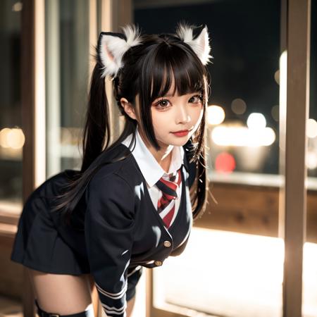 chunmomo, 1girl, solo, realistic, smile, looking at viewer, blurry, black eyes, black hair, bangs, long hair, day, blunt bangs, hair ornament, cityscape, night,<lora:chunmmfb_v2.1:0.8>, animal ears, school uniform, corset