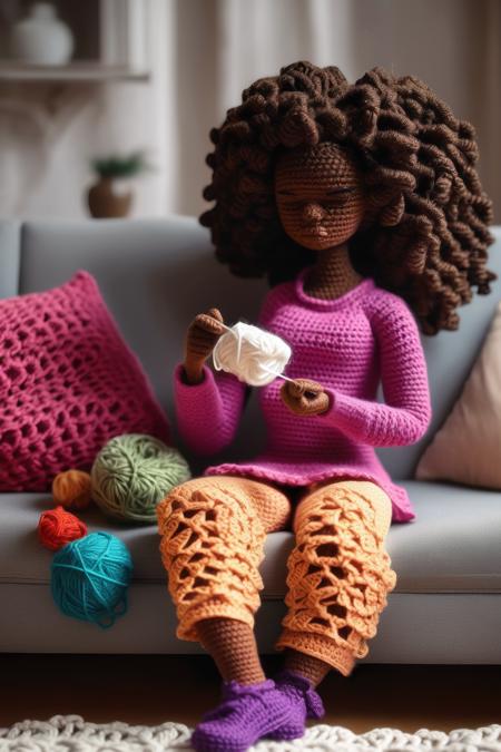 <lora:CROCHETED:1>CROCHETED - African American girl sitting on couch crocheting