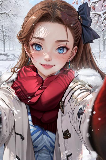 1girl, IncrsChkWarmingMeme, <lora:PovCheekWarmingMemeV2:1>, winter clothes, red scarf, breath, KatarinaClaes, asymmetrical bangs, earrings, hair bow, smile, blush, <lora:Char_MyNextLifeAsAVillainess_KatarinaClaes:0.9>, closed mouth,