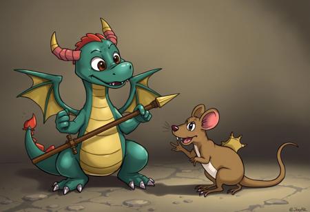 cartoon dragon holds a spear and  plays with a  cartoon rat