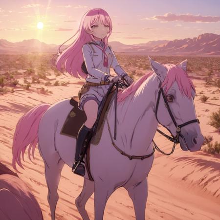 painted with extreme detail and magical light, under the rising sun, A cinematic portrait of a girl riding a horse in desert, looking at viewer, chihaya anon, trending on artstation and pixiv  <lora:itsmygo_xl_16dim:1>